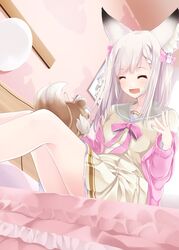  1girl animal_ear_fluff animal_ears animare bangs bow closed_eyes dress dress_bow eyebrows_visible_through_hair fang hair_bow highres long_hair nail_polish pink_bow pink_nails sailor_collar sailor_dress sch shiromiya_mimi short_dress silver_hair sitting solo virtual_youtuber 