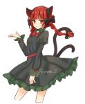  1girl animal_ears bow braid cat_ears cat_tail dress frills gesture green_dress highres kaenbyou_rin komeme_8 multiple_tails nekomata one-hour_drawing_challenge red_eyes redhead sketch smile solo standing tail touhou twin_braids white_background 