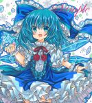  1girl :d adapted_costume black_legwear blue_bow blue_dress blue_eyes blue_hair bow center_frills cirno cowboy_shot dress eyebrows_visible_through_hair fang frilled_bow frilled_dress frills hair_between_eyes hair_bow ice large_bow looking_at_viewer marker_(medium) medium_hair neck_ribbon open_mouth puffy_short_sleeves puffy_sleeves red_ribbon ribbon rui_(sugar3) sample short_sleeves skin_fang smile snowflake_background solo thigh-highs touhou traditional_media white_background wings wrist_cuffs zettai_ryouiki 