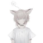  1girl absurdres ahoge alternate_costume animal_ears arknights bangs blue_eyes brown_hair casual choker fox_ears fox_girl highres oripathy_lesion_(arknights) shirt short_hair simple_background solo sussurro_(arknights) tou_toutou white_background white_shirt 