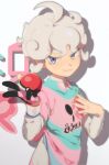  1boy ahoge bangs bede_(pokemon) blonde_hair closed_mouth collared_shirt commentary_request curly_hair dynamax_band eyelashes gloves highres holding holding_poke_ball korean_commentary looking_to_the_side male_focus ninanonong partially_fingerless_gloves poke_ball pokemon pokemon_(game) pokemon_swsh shirt single_glove smile solo undershirt upper_body violet_eyes 