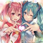  2girls :d ;) aqua_eyes aqua_hair character_request detached_sleeves figure_story hatsune_miku headphones heart heart_hands heart_hands_duo multiple_girls nail_polish necktie one_eye_closed piapro pink_hair red_eyes shiomizu_(swat) smile twintails vocaloid 