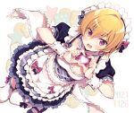  1girl alternate_costume apron black_dress black_footwear blonde_hair blush breasts commentary_request dated dress enmaided eyebrows_visible_through_hair frilled_cuffs frilled_sleeves frills frown heart heart_hands idolmaster idolmaster_shiny_colors lace-trimmed_legwear lace_trim leg_up looking_at_viewer maid maid_apron maid_headdress mary_janes medium_breasts odawara_hakone open_mouth puffy_short_sleeves puffy_sleeves saijou_juri shoes short_dress short_hair short_sleeves solo standing standing_on_one_leg sweatdrop thigh-highs violet_eyes white_apron white_background 