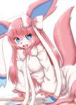  1girl :3 animal_ears animal_nose arm_support bangs bare_shoulders bed_sheet blue_eyes blush body_fur bow breasts commentary_request dress eyebrows_visible_through_hair fang fox_ears fox_tail frilled_dress frilled_sleeves frills furry furry_female hair_bow hair_ribbon happy highres horokusa_(korai) leaning_to_the_side long_hair long_sleeves looking_at_viewer medium_breasts off-shoulder_dress off_shoulder open_mouth personification pink_fur pink_hair pokemon pokemon_(creature) ribbon shiny shiny_hair sidelocks simple_background smile solo sylveon tail tail_raised two-tone_fur white_background white_bow white_dress white_fur white_ribbon 