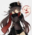  1225ka 1girl :o bangs branch brown_coat brown_hair brown_shorts coat coattails cowboy_shot earmuffs flower genshin_impact ghost gloves grey_background hair_flaps hat hat_flower highres hu_tao_(genshin_impact) jewelry long_hair long_sleeves looking_at_viewer mittens multiple_rings porkpie_hat red_eyes red_flower red_gloves red_scarf ring scarf shorts sidelocks simple_background solo steam talisman tassel twintails very_long_hair 