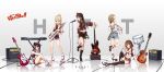  5girls akiyama_mio amplifier animal_ear_headphones arm_support ass bare_shoulders bass_guitar black_hair blonde_hair blue_eyes blush boots bow brown_hair charm_(object) contrapposto copyright_name denim denim_shorts detached_sleeves drum drum_set elbow_gloves electric_guitar from_behind gloves grey_background guitar hair_bow headphones highres hirasawa_yui instrument k-on! keytar kneehighs kotobuki_tsumugi looking_at_viewer looking_back looking_to_the_side midriff multiple_girls nakano_azusa navel plaid plaid_skirt red_eyes reflection shoes short_hair shorts skirt smile sneakers standing standing_on_one_leg swimsuit tainaka_ritsu thigh-highs thighs wide_sleeves wire wujia_xiaozi 