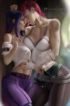  2girls against_wall arcane:_league_of_legends arm_tattoo artist_name bandaged_arm bandages bare_shoulders belt belt_buckle black_pants blue_eyes blue_hair breasts brown_belt buckle caitlyn_(league_of_legends) clothes_lift collarbone commentary ear_piercing english_commentary eye_contact facial_tattoo from_side grey_background jewelry large_breasts league_of_legends lifted_by_another long_hair looking_at_another medium_breasts multiple_girls navel neck_tattoo necklace nose_piercing olchas pants parted_lips patreon_logo piercing pink_hair profile purple_pants shirt shirt_lift short_hair standing striped striped_pants tattoo vi_(league_of_legends) white_shirt yuri 