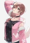  1girl :p animal_ears arm_up bangs black_choker black_shirt brown_eyes brown_hair choker commentary detached_sleeves dog_ears dog_tail hair_between_eyes hair_over_shoulder highres hololive hood hooded_jacket inugami_korone jacket long_hair long_sleeves mimizuku_(mmiganaru) pink_jacket print_shirt shirt simple_background sleeveless sleeveless_jacket solo symbol-only_commentary tail tongue tongue_out upper_body virtual_youtuber white_background 