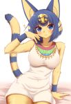  1girl :3 animal_crossing animal_ears animal_nose ankha_(animal_crossing) arm_support bangs bare_shoulders bed_sheet blonde_hair blue_eyes blunt_bangs blush bob_cut body_fur breasts cat_ears cat_girl cat_tail closed_mouth collarbone commentary covered_navel cowboy_shot dress egyptian eyebrows_visible_through_hair fang fang_out furry furry_female hair_ornament hand_up happy highres horokusa_(korai) large_breasts leaning_to_the_side looking_at_viewer multicolored_hair shiny shiny_hair short_hair sidelocks simple_background sitting sleeveless sleeveless_dress smile snake_hair_ornament solo sparkle tail two-tone_hair white_background white_dress wristband yellow_fur 