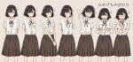  1girl beige_background blush brown_hair character_sheet concept_art expressions freckles kawashima_hatoko long_skirt looking_at_viewer neck_ribbon nerdy_girl&#039;s_story ribbon shirt_tucked_in short_hair simple_background skirt solo standing urin variations 