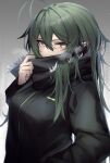  1girl absurdres alternate_costume antenna_hair arknights bangs black_coat breath coat fur-trimmed_coat fur_trim gavial_(arknights) green_hair hair_between_eyes highres long_hair ozeu0916 pulling scarf solo upper_body winter_clothes winter_coat yellow_eyes 