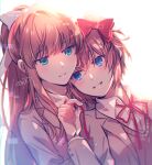  2girls aicedrop blazer blue_eyes bow brown_hair brown_jacket doki_doki_literature_club green_eyes hug hug_from_behind jacket long_hair monika_(doki_doki_literature_club) multiple_girls ponytail red_bow red_ribbon ribbon sayori_(doki_doki_literature_club) school_uniform short_hair smile tied_hair untying white_ribbon yuri 