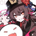  1girl bangs black_coat black_headwear blush breasts brown_hair coat flower genshin_impact ghost grin hat hat_flower highres hu_tao_(genshin_impact) long_hair long_sleeves looking_at_viewer plum_blossoms red_eyes small_breasts smile spider_apple symbol-shaped_pupils twintails very_long_hair 