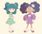  +_+ 2girls :3 big_hair blush_stickers closed_mouth dark-skinned_female dark_skin dress flower full_body green_dress green_hair green_hairband grey_eyes hairband highres long_hair looking_to_the_side loose_socks momo_(pokemon) multiple_girls pink_eyes pokemon pokemon_(anime) poketoon shino_(baraag) shoes shoko_(pokemon) short_sleeves smile socks standing two_side_up white_legwear 