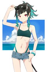  1girl akitetsu alternate_costume alternate_hairstyle arm_up armpits bangs black_hair blue_hair blue_panties blue_shorts blue_sky camisole closed_mouth clouds commentary_request cowboy_shot crop_top demon_girl demon_horns demon_tail drill_locks eyewear_on_head fang flat_chest green_camisole high_ponytail highleg highleg_panties highres horizon horns looking_at_viewer medium_hair multicolored_hair navel panties pointy_ears red_eyes shishio_chris short_shorts shorts sky smile solo sugar_lyric sunglasses tail two-tone_hair underwear virtual_youtuber wristband 