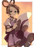  1girl ace_attorney bracelet brown_hair dress ganbare_(hnct4244) hair_rings hat hat_ribbon holding holding_clothes holding_hat jewelry pearl_fey ribbon shading smile solo 
