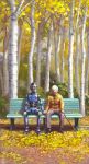  1boy absurdres autumn_leaves bench brick_road bush cane closed_eyes head_down highres holding holding_cane holding_hands interlocked_fingers kosian looking_down old old_man original pants robot science_fiction shoes signature sitting_on_bench sweater tree white_hair yellow_leaves 