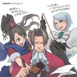  ace_attorney ace_attorney_investigations anger_vein annoyed ascot bangs black_hair blue_eyes coffee_beans_(5offee8eans) franziska_von_karma gloves green_eyes grey_hair holding holding_whip juliet_sleeves kay_faraday light_blue_hair long_sleeves miles_edgeworth paper parted_bangs ponytail puffy_sleeves ribbon scarf short_hair writing 