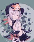  1girl abigail_williams_(fate) absurdres armpits arms_up bangs blush breasts daisi_gi detached_sleeves fate/grand_order fate_(series) halloween highres horns lavinia_whateley_(fate) long_hair long_sleeves single_horn small_breasts stuffed_toy violet_eyes white_hair wide-eyed 