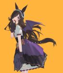  1girl :d absurdres animal_ears bangs bat_wings black_hair blush bow character_name commentary_request fang from_side hair_over_one_eye hand_up highres horse_ears horse_girl horse_tail long_hair looking_at_viewer looking_to_the_side make_up_in_halloween!_(umamusume) oka_ball orange_background pleated_skirt puffy_short_sleeves puffy_sleeves purple_skirt purple_wings rice_shower_(umamusume) shirt short_sleeves simple_background skirt smile solo standing striped striped_bow tail umamusume v_over_mouth very_long_hair violet_eyes white_shirt wings 