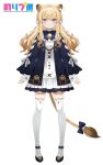  1girl animal_ears bell blonde_hair blue_bow blue_dress bow dress highres kanda_done lion_ears lion_girl lion_tail neck_bell noripro regrush_lionheart simple_background socks tail tail_bow tail_ornament thigh-highs virtual_youtuber white_background zettai_ryouiki 