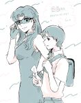  1boy 1girl age_difference backpack bag breasts earrings fingerless_gloves glasses gloves highres holding ikari_shinji jewelry katsuragi_misato looking_at_another neon_genesis_evangelion short_hair size_difference 