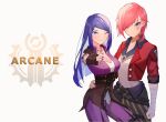 2girls arcane:_league_of_legends arm_around_waist belt blue_eyes blue_hair caitlyn_(league_of_legends) copyright_name cropped_jacket facial_tattoo finger_gun highres horizontal_stripes jacket kuroko1604 league_of_legends long_hair loose_belt multiple_girls one_eye_closed pants pink_hair pointing pointing_at_viewer red_jacket smile striped striped_pants tattoo vi_(league_of_legends) wrist_wrap 
