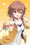  1girl :d absurdres animal_ears bangs blue_bow blush bone_hair_ornament bow braid brown_eyes brown_hair claw_pose collar commentary dog_ears dog_girl dog_tail dress eyebrows_visible_through_hair hair_between_eyes hair_ornament hands_up highres hololive inugami_korone jacket long_hair long_sleeves looking_at_viewer mimizuku_(mmiganaru) nail_polish open_clothes open_jacket open_mouth red_bow red_collar smile solo symbol-only_commentary tail twin_braids virtual_youtuber white_dress wristband yellow_jacket yellow_nails 