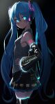  1girl bangs bib_(bibboss39) black_background black_legwear black_skirt black_sleeves blue_eyes blue_hair blue_nails blush breasts closed_mouth collared_shirt commentary detached_sleeves eyebrows_visible_through_hair glowing gradient gradient_background grey_shirt hair_between_eyes hand_on_hip hatsune_miku headphones headset highres long_hair long_sleeves looking_at_viewer looking_to_the_side nail_polish pleated_skirt shirt skirt sleeveless sleeveless_shirt sleeves_past_wrists small_breasts smile solo thigh-highs twintails very_long_hair vocaloid wide_sleeves zettai_ryouiki 