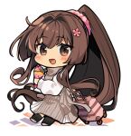 1girl alternate_costume brown_eyes brown_hair brown_skirt cherry_blossoms chibi crepe food hair_ornament hair_scrunchie kantai_collection long_hair long_shirt luggage no_nose pink_scrunchie pleated_skirt ponytail scrunchie simple_background skirt smile solo standing sweater white_background white_sweater yamato_(kancolle) yunamaro 