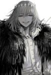  1boy au_(d_elite) buttons cape coat crown evil_smile fate/grand_order fate_(series) fur-trimmed_cape fur-trimmed_coat fur_trim greyscale half-closed_eyes highres looking_at_viewer male_focus medium_hair monochrome oberon_(fate) shirt smile solo spoilers spot_color upper_body 