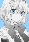 1girl alice_margatroid bangs blue_background blue_eyes book bow capelet closed_mouth commentary_request frilled_hairband frills hair_between_eyes hairband hand_up holding holding_book irino monochrome portrait short_hair simple_background solo spot_color touhou white_capelet 