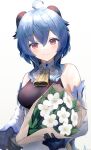  ahoge bangs bare_shoulders bell black_gloves blue_hair blush bouquet breasts detached_sleeves ebiri_fy eyebrows_visible_through_hair flower ganyu_(genshin_impact) genshin_impact gloves gold_trim highres horns looking_at_viewer medium_breasts multicolored_eyes neck_bell qingxin_flower sidelocks smile solo white_background white_flower white_sleeves 