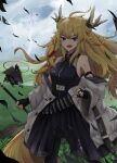  1girl absurdres arknights black_dress blonde_hair dress drone fingerless_gloves gloves highres holding holding_staff horns leizi_(arknights) lightning long_hair nanamilem off-shoulder_jacket off_shoulder pointy_ears staff tail thick_eyebrows wind 