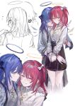  2girls alternate_costume alternate_hairstyle arknights bangs blue_hair blush closed_eyes closed_mouth exusiai_(arknights) eyebrows_visible_through_hair halo highres liangban_xiexu long_hair mostima_(arknights) multiple_girls orange_eyes redhead side_ponytail sketch yuri 