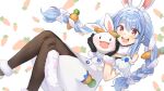  1girl :d animal animal_ear_fluff animal_ears bangs bare_shoulders black_gloves blue_hair bow braid carrot carrot_hair_ornament carrot_print coat detached_sleeves don-chan_(usada_pekora) extra_ears feet_out_of_frame food-themed_hair_ornament food_print fur-trimmed_coat fur-trimmed_gloves fur_trim gloves hair_bow hair_ornament holding holding_animal hololive jagaimo_sfw long_hair looking_at_viewer multicolored_hair nousagi_(usada_pekora) open_mouth orange_eyes pantyhose pocket puffy_short_sleeves puffy_sleeves rabbit_ears scarf short_sleeves sidelocks smile solo strapless_coat swept_bangs teeth twin_braids two-tone_hair upper_teeth usada_pekora virtual_youtuber white_background white_bow white_coat white_hair white_scarf 