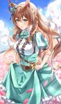  1girl absurdres ahoge akito_(eyzz3775) animal_ears blurry blurry_background blush brown_hair clouds commentary_request hair_between_eyes hair_ornament highres horse_ears horse_girl horse_tail long_hair looking_at_viewer mejiro_bright_(umamusume) petals sky solo tail umamusume yellow_eyes 