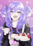  1girl absurdres bangs black_sweater blue_eyes blush braid bubble cake english_commentary fang food hair_ornament hairclip half-closed_eyes head_wings heterochromia highres holding holding_plate medium_hair nijisanji nijisanji_en open_mouth plate purple_hair rain_prophet selen_tatsuki skin_fang smile solo sweater twin_braids violet_eyes virtual_youtuber 