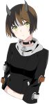  1girl 774_inc. akitetsu bangs black_choker black_hair black_jacket breasts brown_hair choker closed_mouth cropped_torso expressionless eyebrows_visible_through_hair grey_hair horns jacket looking_at_viewer medium_breasts mikeneko_nanashi multicolored_hair short_hair simple_background solo upper_body yellow_eyes 