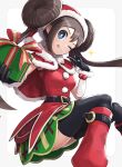  1girl absurdres blue_eyes boots brown_hair christmas double_bun gloves gonzarez hat highres long_hair official_alternate_costume pokemon pokemon_(game) pokemon_bw2 pokemon_masters_ex redrawn rosa_(pokemon) santa_boots santa_costume santa_gloves santa_hat solo twintails very_long_hair 