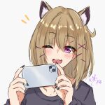  1girl animal_ears arknights bangs blush brown_hair cellphone fang highres maiq06 nail_polish one_eye_closed phone short_hair simple_background skin_fang smartphone solo taking_picture utage_(arknights) violet_eyes white_background 