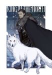  1boy a_song_of_ice_and_fire armor black_eyes black_hair boots cloak fur_trim game_of_thrones ghost_(a_song_of_ice_and_fire) highres jon_snow red_eyes scar scar_across_eye snow solo sword uyama_hajime weapon white_fur wolf 
