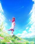  1girl aerith_gainsborough blue_flower blue_sky boulder braid clouds comet commentary cropped_jacket dress english_commentary facing_away field final_fantasy final_fantasy_vii floating_hair flower flower_field from_behind from_below full_body gold_bracelet hair_ribbon highres instagram_username jacket long_hair looking_ahead mountain mountainous_horizon on_rock outdoors petals pink_dress pink_flower pink_ribbon red_footwear red_jacket ribbon signature single_braid sky solo standing star_(sky) tylor_hepner visible_air watermark wind yellow_flower 