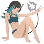  1girl akitetsu bangs barefoot black_hair blue_hair blue_swimsuit closed_mouth demon_girl demon_horns demon_tail eyebrows_visible_through_hair fang flat_chest full_body horns long_hair looking_at_viewer multicolored_hair pointy_ears red_eyes shishio_chris simple_background smile solo sugar_lyric swimsuit tail tan transparent_background two-tone_hair v virtual_youtuber 
