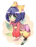  1girl blue_hair bodysuit bow closed_mouth eiko_carol final_fantasy final_fantasy_ix green_eyes hair_bow highres horns leaf looking_at_viewer short_hair simple_background single_horn smile solo wings yellow_bow yuzuma_(321353) 
