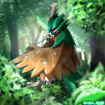  arrow_(projectile) beak brown_eyes commentary_request day decidueye forest highres light_rays looking_at_viewer looking_to_the_side nature no_humans orange_pupils outdoors pokemon pokemon_(creature) shigeyasu. solo talons tree 