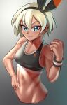  1girl abs absurdres bangs bea_(pokemon) black_bra black_hairband blue_eyes bra clenched_hand dark-skinned_female dark_skin grey_hair hairband highres looking_at_viewer midriff pokemon pokemon_(game) pokemon_swsh short_hair simple_background smile solo sports_bra toin_(koto54576897) toned underwear 