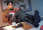  1boy batman_(series) black_gloves black_hair black_pants black_shirt blue_eyes book boots brown_jacket closed_mouth coffee_cup crossed_legs cup dc_comics disposable_cup gloves gun handgun holding holding_book jacket jason_todd male_focus multicolored_hair open_clothes open_jacket pants pistol reading red_hood_(dc) redrico shirt short_hair solo streaked_hair two-tone_hair weapon white_hair 