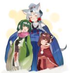  3girls :t absurdres animal_ears bangs beads blue_kimono blunt_bangs blush brown_hair closed_eyes commentary dark_green_hair earmuffs fur-trimmed_kimono fur_trim gloves green_gloves green_jacket grey_hair hair_beads hair_ornament hairband hand_on_another&#039;s_cheek hand_on_another&#039;s_face headgear highres jacket japanese_clothes kimono long_hair looking_at_another looking_up multiple_girls obi open_mouth pea_pod pink_jacket pink_scarf pom_pom_(clothes) ponytail pout red_eyes red_shawl sash scarf shiny shiny_hair short_hair siblings sidelocks sisters smile touhoku_itako touhoku_kiritan touhoku_zunko upper_body voiceroid white_background white_kimono wide_sleeves wolf_ears yakata_tata yellow_eyes 