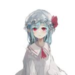  1girl ascot bangs blue_hair commentary_request hat hat_ribbon long_hair long_sleeves looking_at_viewer mob_cap pointy_ears red_ascot red_eyes red_ribbon remilia_scarlet ribbon sate_usazirou shirt simple_background solo touhou upper_body white_background white_headwear white_shirt 